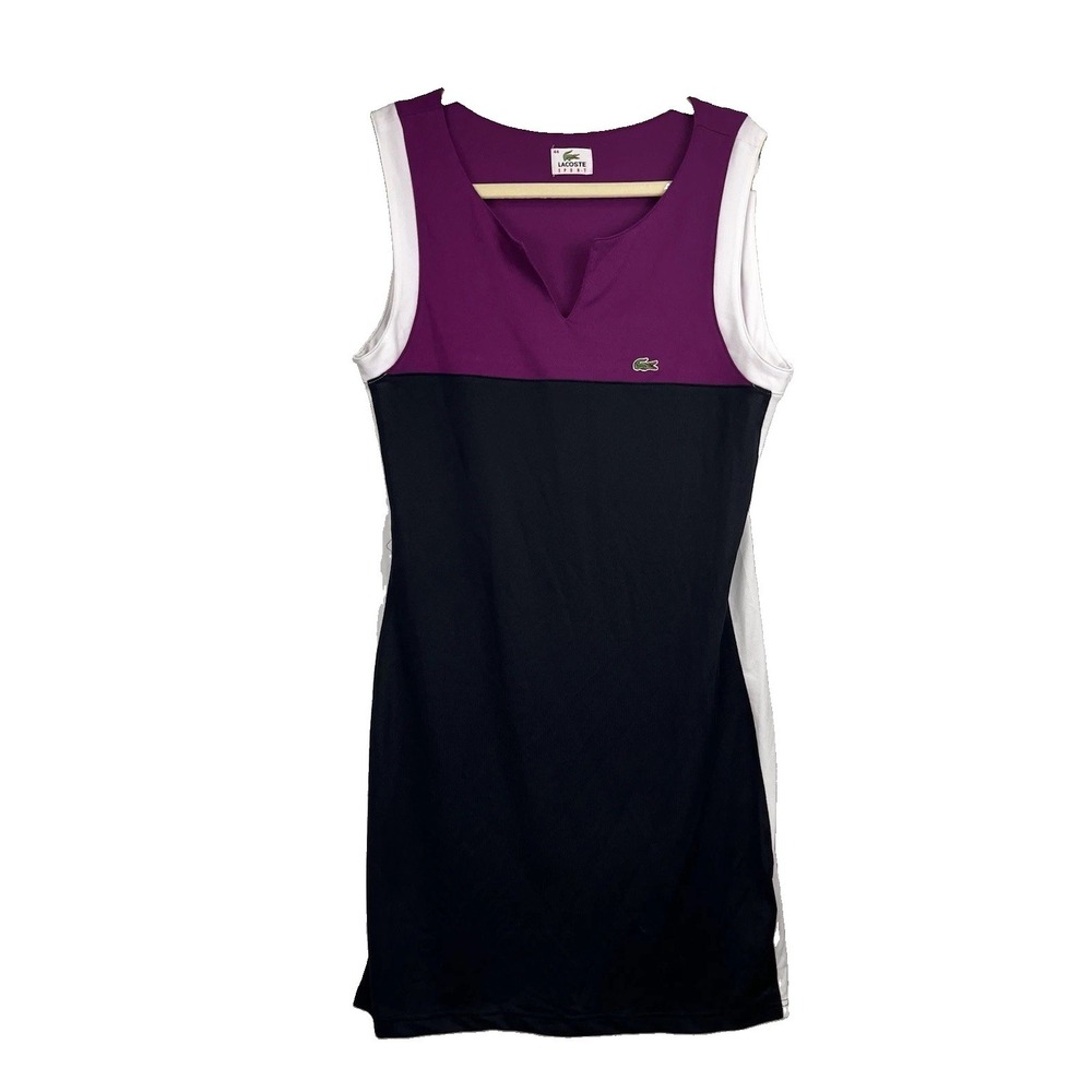 Lacoste Sport Colorblock Tennis Dress sz 44 XL Purple Black White Side Stripe